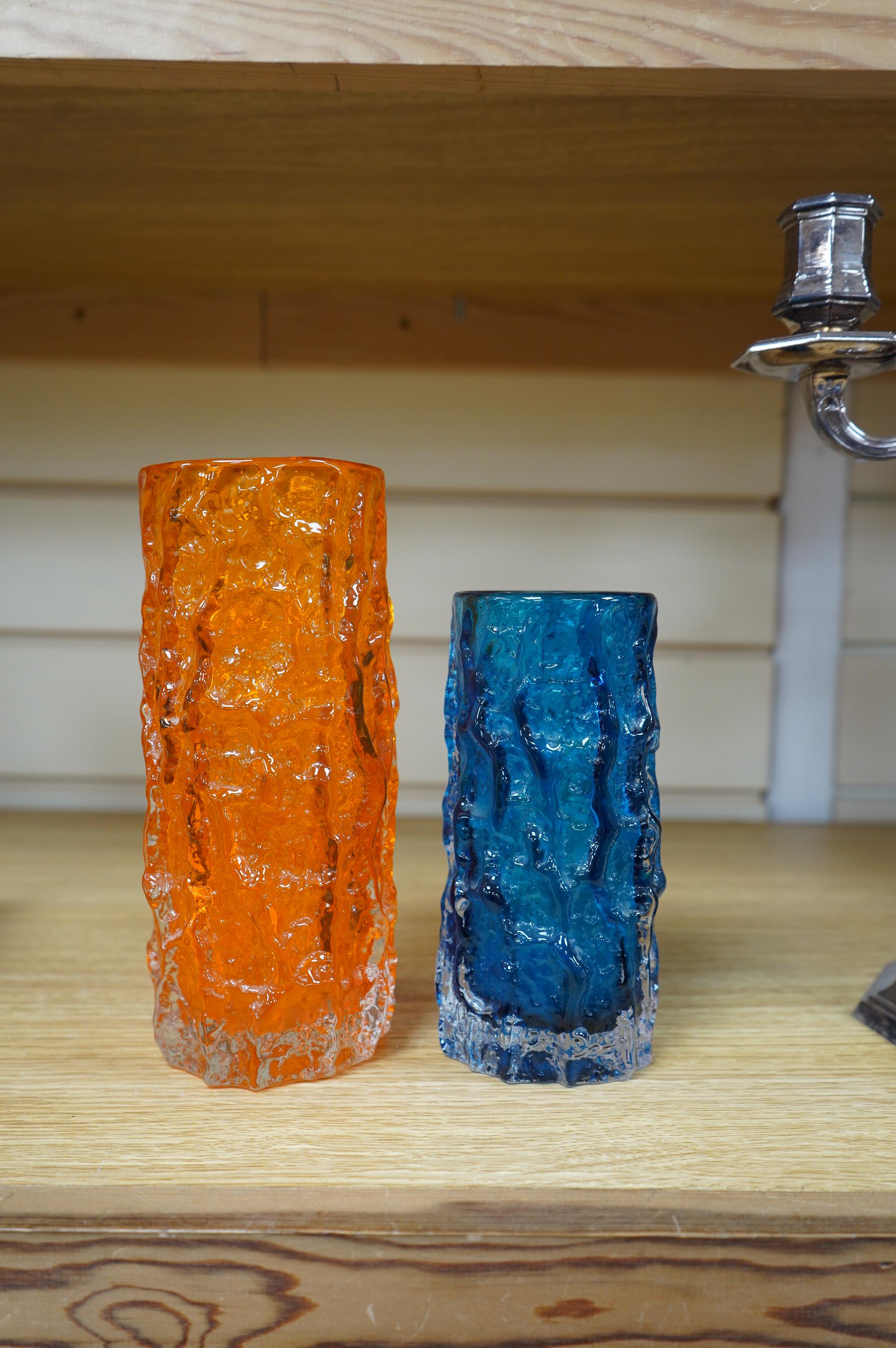 Two Whitefriars glass ‘bark' vases, tangerine and kingfisher blue, tallest 19.5cm. Condition - good